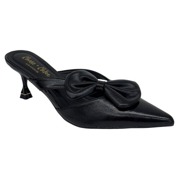 CHASE + CHLOE / Idra-3 / Pointed Toe Kitten / Mules With Bow Black / Size 9 - Picture 1 of 8